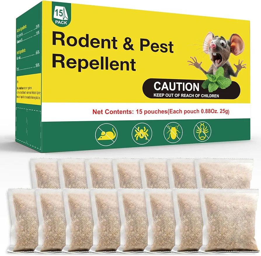 Natural Mouse Deterrent 15PCS, Peppermint Oil Pouches, Safe for Pets and Kids, Non-Toxic and Effective for Mice, Rats, Roaches, and Ants, Perfect for Home, Kitchen, and Basement