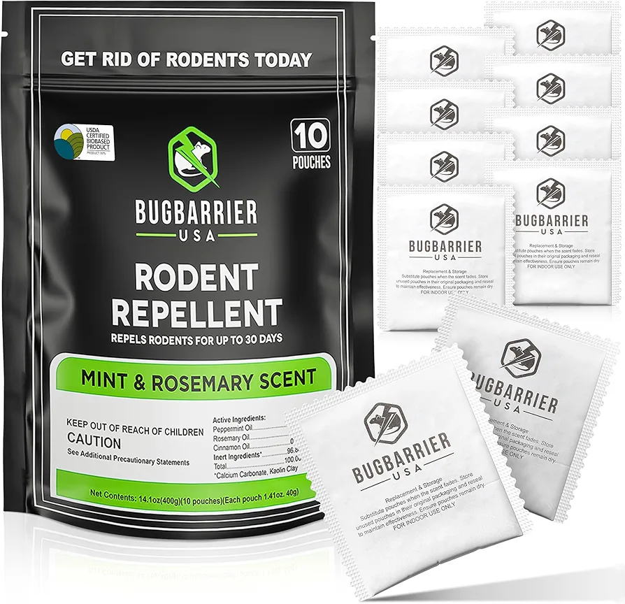 BugBarrier's Extra-Strength Mouse Repellent Pouches, USDA 99% Biobased, Peppermint & Rosemary Oils Repel Mice Nesting & Freshen Air in Car, RV, Boat, Garage, Shed, Cabin Made in The USA (Pack of 10)