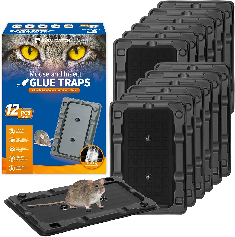 LULUCATCH Mouse & Insect Glue Traps, 12 Pack Adhesive Glue Traps, Pre-Baited Glue Boards Non-Toxic Bulk Mouse Traps Indoor for Cricket, Roach, Spiders, Flea, Lizard, Bug, Pet Safe for House & Garage