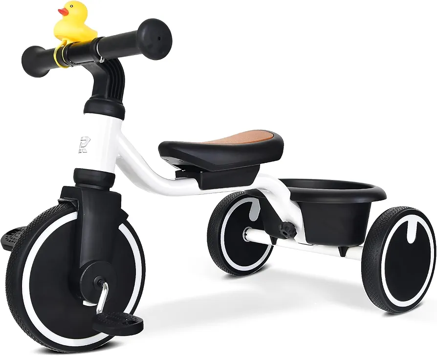 Tricycles for Toddlers 1-3, Tricycles for 1-3 Year Olds with Rubber Tires, Stable Riding on Any Surface, Toddler Tricycle with Adjustable Seat, Non-Sharp Edge Design, Large Basket, White