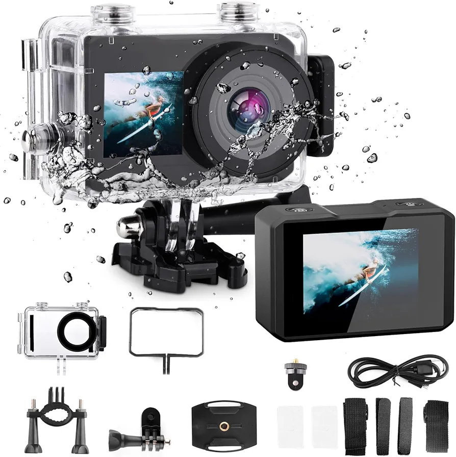 PEGY 4K 30FPS 12MP Action Camera Dual Screen with Stabilization 2.0, Underwater 30m Waterproof Camera 170 Degree Wide Angle and WiFi Sports Cameras with Accessories Kits