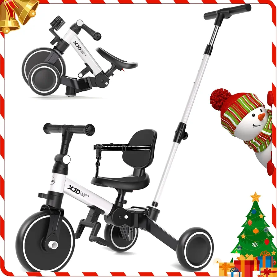 XJD Toddler Bike, 6 in 1 Folding Toddler Tricycle for 1-4 Year Old with Push Handle, Balance Bike with Removable Pedal,Backrest, Adjustable Seat Height and Handle, First Birthday Gifts (White)