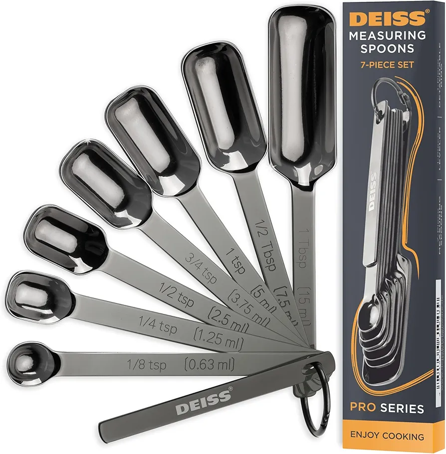 Deiss PRO Heavy Duty Stainless Steel Measuring Spoons for Cooking Spices Dry or Liquid Ingredients Fits in Spice Jar Adjustable Measuring Spoon Set of 7 Measuring with Leveler Measuring Spoons Set