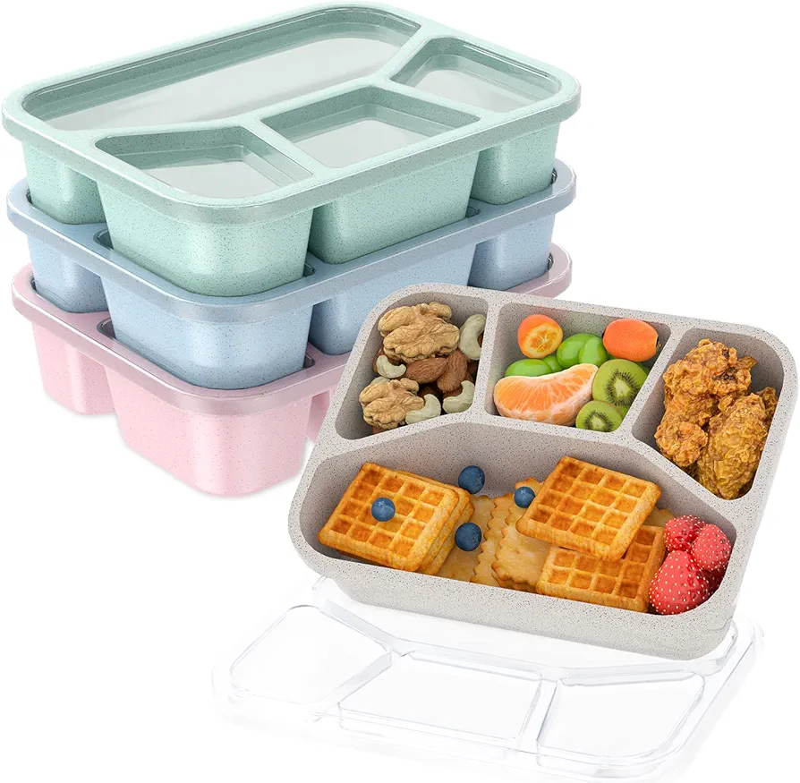 Bento Lunch Box for Kids (4 Pack), 4-Compartment Meal Prep Container with Transparent Cover, Freezer and Dishwasher Safe Food Storage Containers, Reusable Bento Adult Lunch Box for Work School Travel