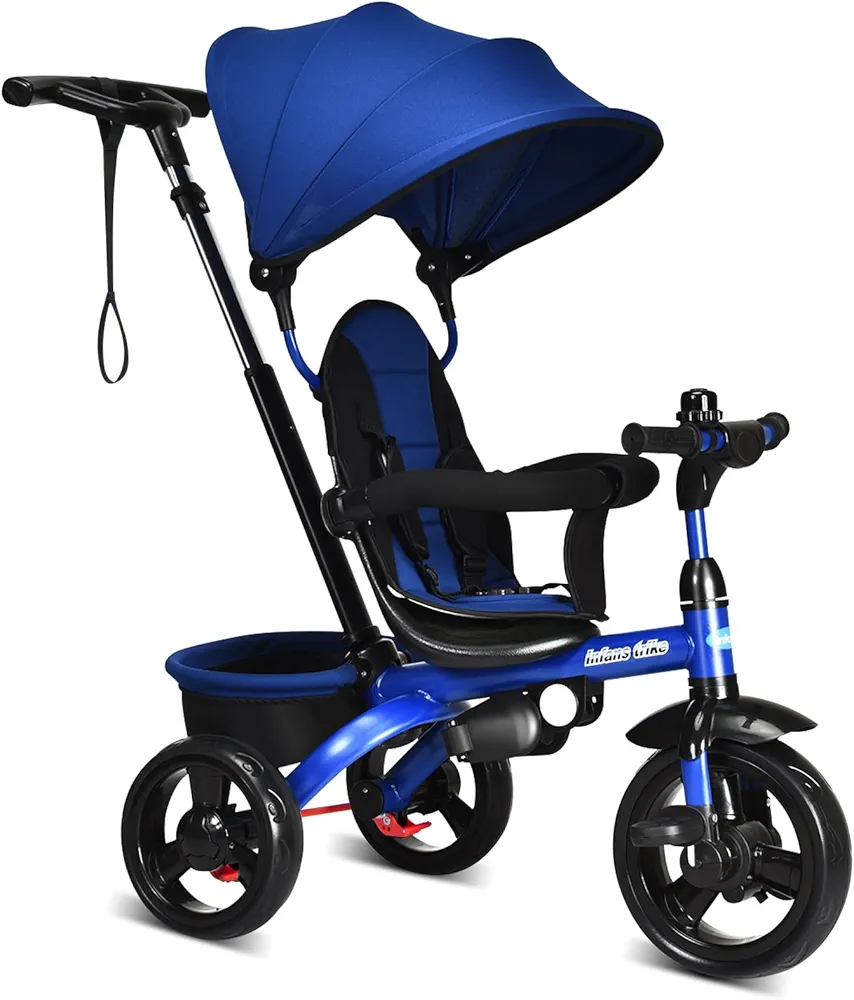 INFANS Kids Tricycle, 6 in 1 Stroll Trike with Adjustable Push Handle, Removable Canopy, Retractable Foot Plate, Lockable Pedal, Detachable Guardrail, Suitable for 10 Months to 5 Years (Blue)