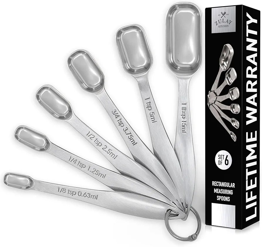 Zulay Stainless Steel Measuring Spoons Set - Rectangular Metal Measuring Spoons with Slim Design for Narrow Spice Jars - Easy to Clean and Use - 6 Piece