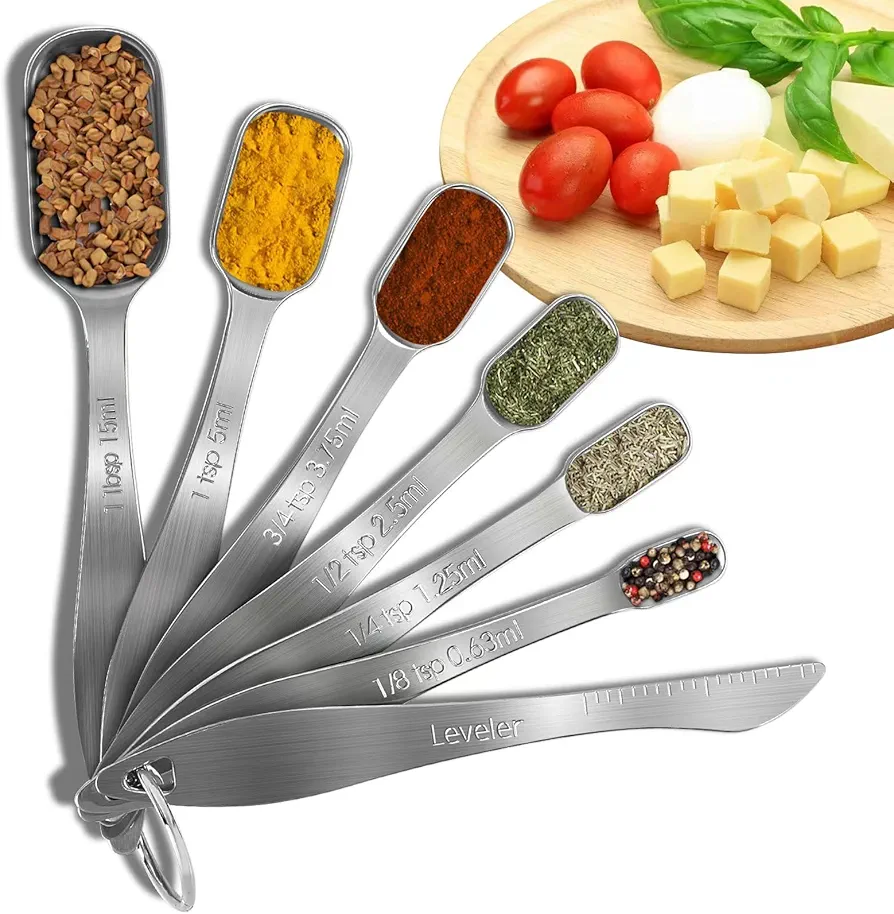 Stainless Steel Measuring Spoons, Premium Heavy Duty Metric Small Tablespoon 7-piece set：1/8 tsp, 1/4 tsp, 1/2 tsp, 3/4 tsp, 1 tsp & 1 tbsp-for Dry or Liquid, Fits in Spice Jar, Including Leveler