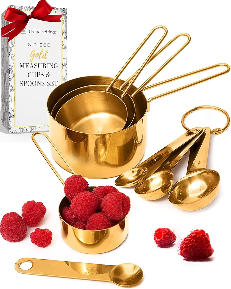 STYLED SETTINGS Gold Measuring Cups and Spoons Set - Stackable 8PC Gold Measuring Set - Stylish, Sturdy Brass Gold Kitchen Utensils - Cute Gold Kitchen Accessories for Baking & Cooking