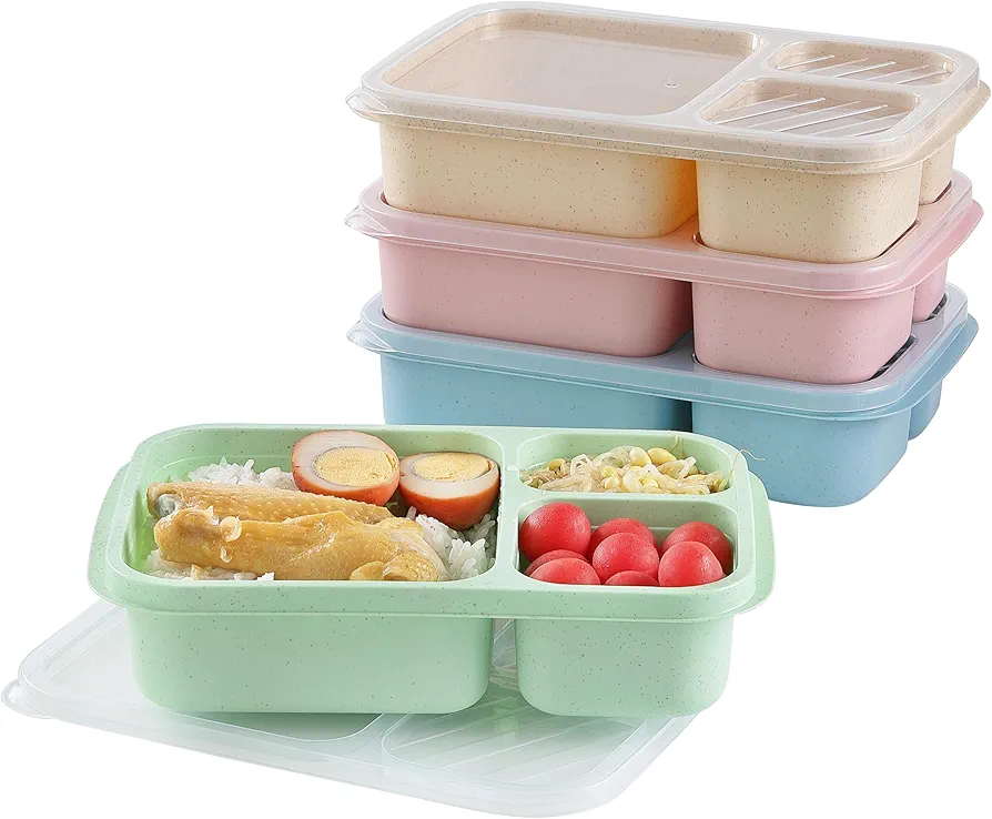 4PCS Bento Lunch Box, Kaloo Lunch Containers with 3 Compartment, Wheat Straw Meal Prep Containers Reusable, Microwave and Dishwasher Safe (3 Compartment)