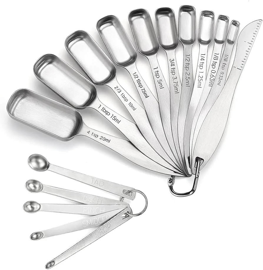 18/8 Stainless Steel Measuring Spoons Set of 16 Piece, Includes 10 Narrow Measuring Spoons, 1 Leveler and 5 Mini Measuring Spoons