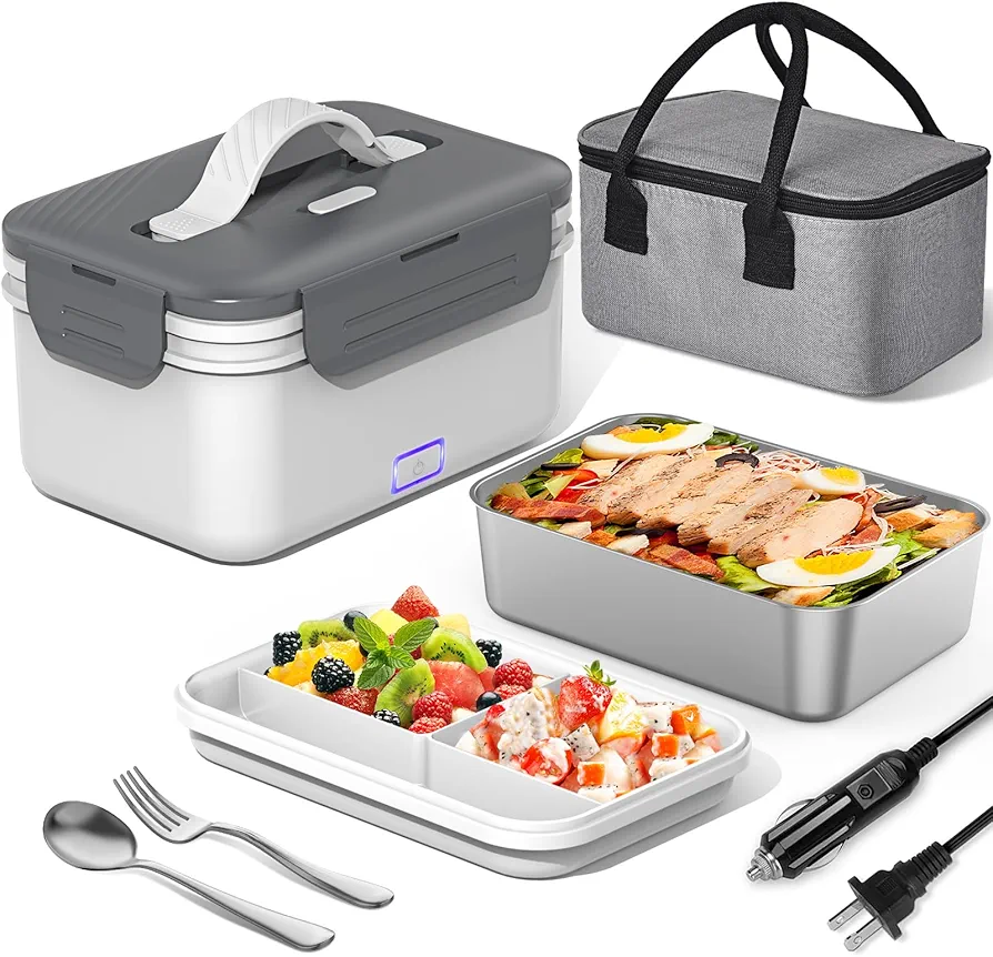 Electric Lunch Box Food Heater 100W, 4 in 1 Ultra Quick Heated Lunch Boxes for Adults 12V/24V/110V/220V Portable Food Warmer for Car/Truck/Office With Fork Spoon and Insulated Carry Bag