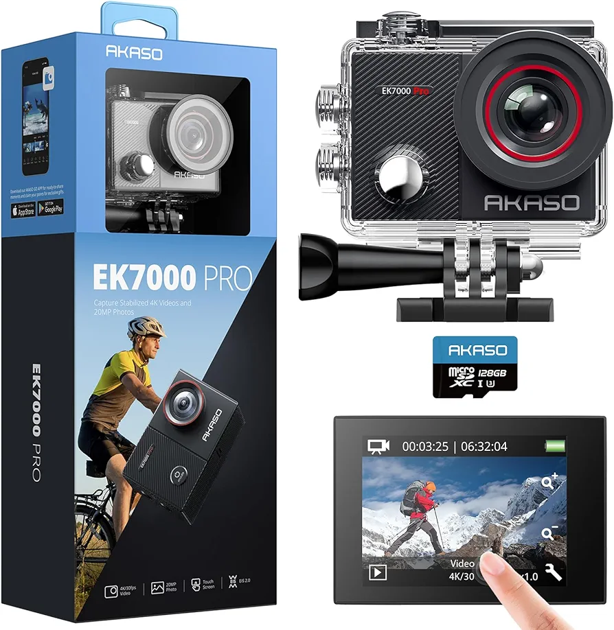 AKASO EK7000 Pro 4K30fps Action Camera with Touch Screen EIS 131ft Waterproof Camera Remote Control 5X Zoom Underwater Camera with Helmet Accessories Kit (with 128GB MicroSD Card)