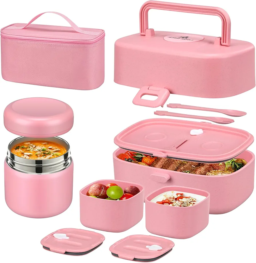 Bento Lunch Box with 8oz Soup Thermo, Kids Sustainable Bento Box Leakproof Lunch Food Containers with Lunch Bag, Kids Thermo Insulated Hot Food Jar for School, Trvael (Pink)