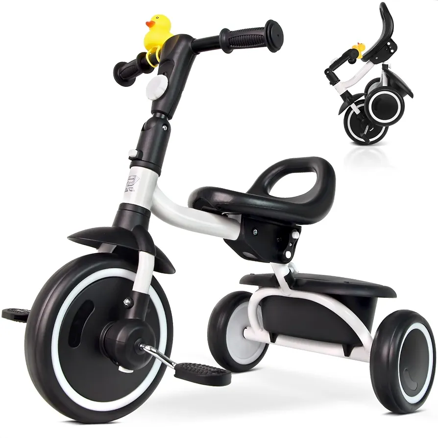 Toddler Tricycle for 18 Months to 5 Years, Foldable Tricycles for 3-5 Year Olds, Kids Tricycle with Adjustable Carry-Friendly Ergonomic Seat and Covered Large Basket, White