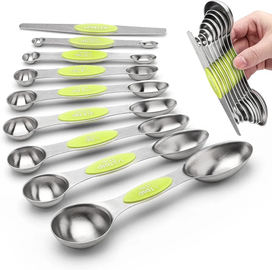 Magnetic Measuring Spoons Set Stainless Steel with Leveler, Stackable Metal Tablespoon Measure Spoon for Kitchen Gadgets Essentials Fits in Spice Jars (Green)