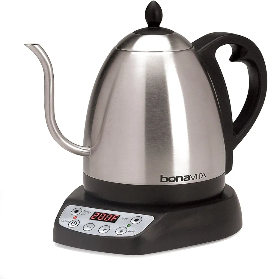 Bonavita 1L Digital Variable Temperature Gooseneck Electric Kettle for Coffee Brew and Tea Precise Pour Control, 6 Preset Temps, Café or Home Use, 1000 Watt, Stainless Steel