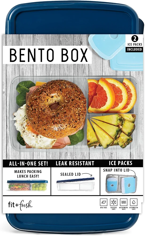 Fit & Fresh Bento Box Adult and Kids Lunch Box Container, Includes 2 Slim Clip-in Ice Packs, Reusable, Leak-Resistant, & Stackable Lunch Container for Adults