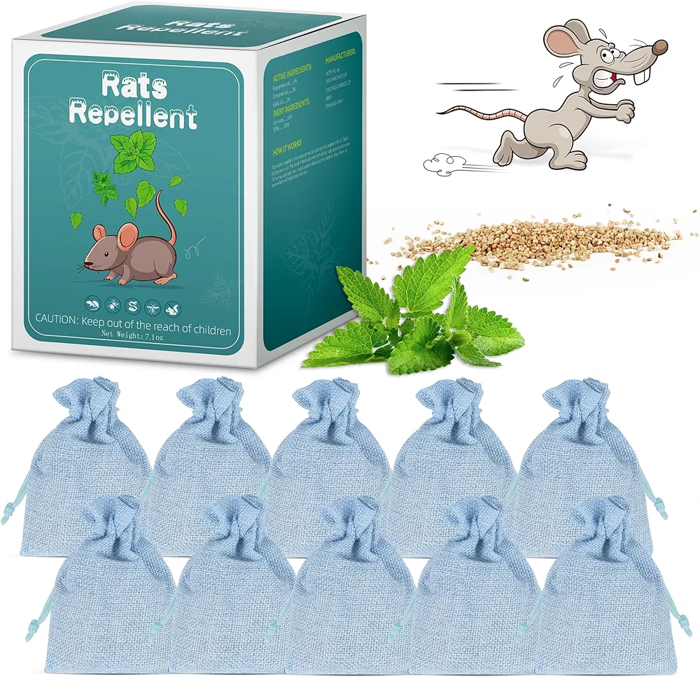 10 Pack Peppermint Oils Mouse Repellent Pouches - Effective Rat Repellent, Peppermint Oil to Keep Rodents Out of Car Engines, Home, Garage, Warehouse, Natural Ingredients