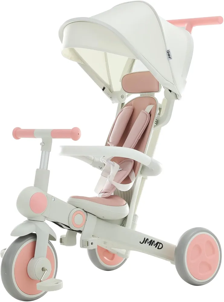 JMMD Baby Tricycle, 7-in-1 Multifunctional Kids Trike with Adjustable Parent Handle, Safety Harness & Wheel Brakes, Removable Canopy, Stroll Trike for Boys & Girls Ages 18 Months-5 Years, Pink