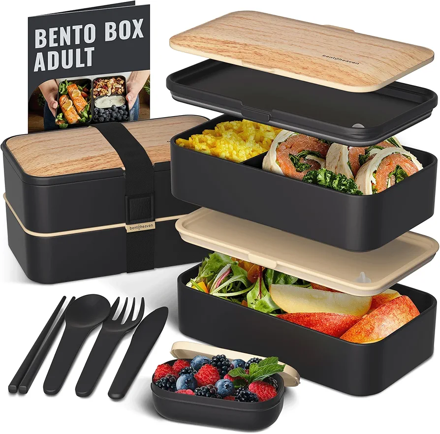 Bentoheaven Premium Bento Box Adult Lunch Box with Compartments for Women & Men, Set of Utensil & Chopsticks & Dip Container, Cute Japanese Kids Bento Lunch Box, Microwavable (Symph-Onyx)