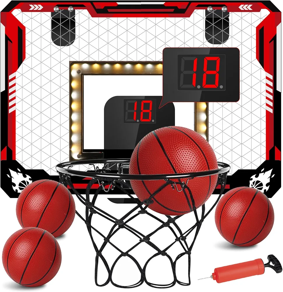 Basketball Hoop Indoor, Light Up Mini Basketball Hoop for Kid with Electronic Scoreboard & 4 Balls, Foldable Door Sports Fan Backboard Toy Room Game, Gift for Teens Boy Girl Adults Ages 3+