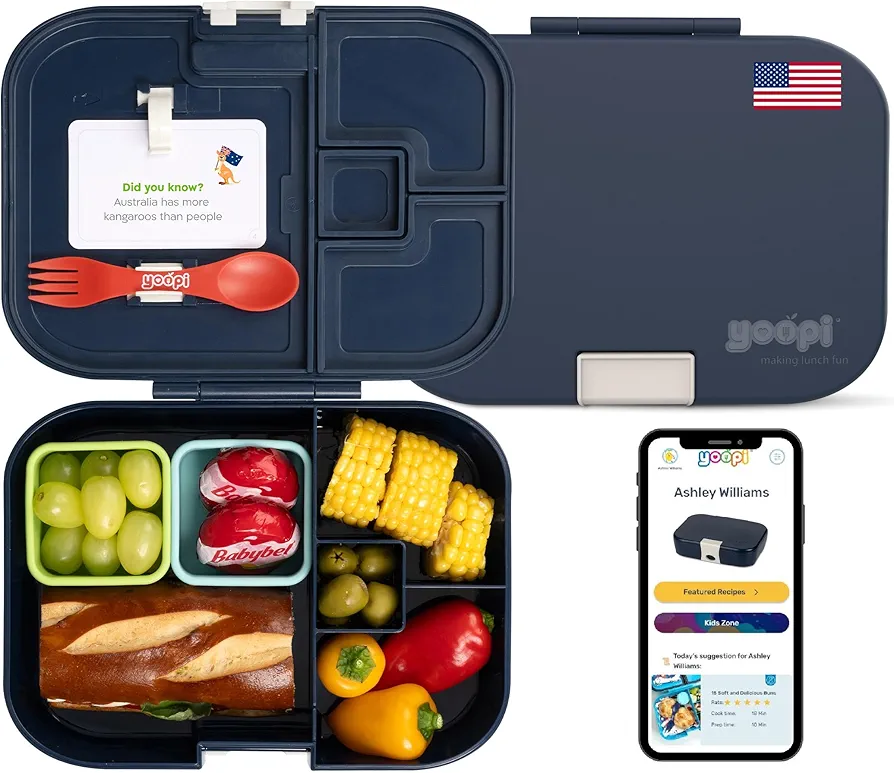 Digital bento lunch box for kids offers ideal portion sizes. Leakproof, lightweight and dishwasher-safe, this durable bento box for kids & toddler is also BPA-free, available in Dark Blue