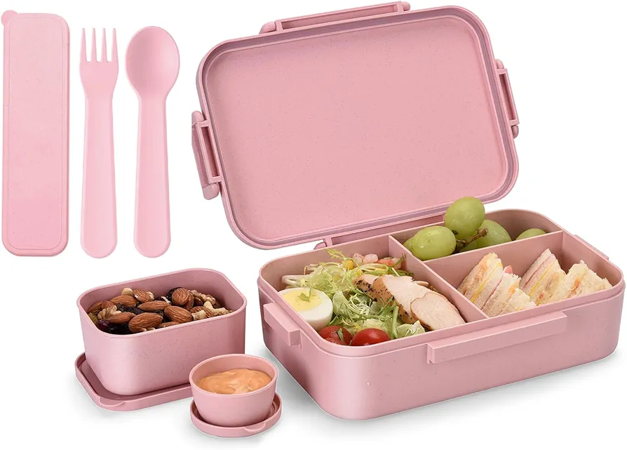 2045ml Large Bento Box, Wheat Fiber Kids/Adults Lunch Box, with Removable 100% Leak-Proof Compartments, BPA-Free Lightweight and Easy Open To-go Food Container for School, Work, Picnic -Pink