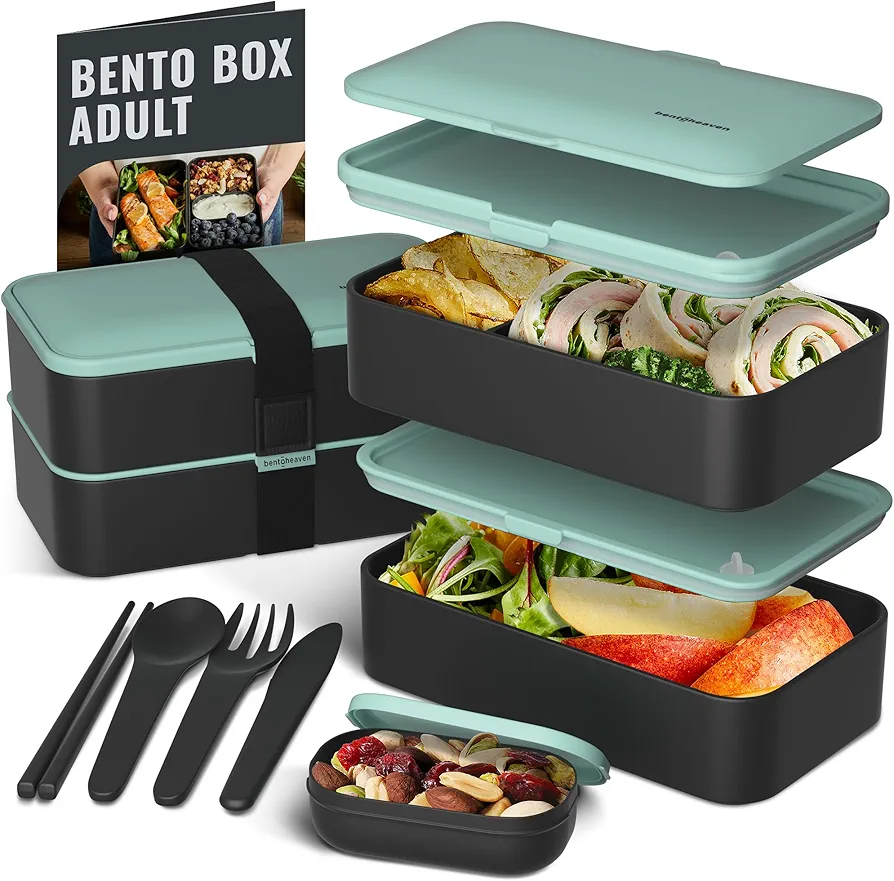 Bentoheaven Premium Bento Box Adult Lunch Box with Compartments for Women & Men, Set of Utensil & Chopsticks & Dip Container, Cute Japanese Kids Bento Lunch Box, Microwavable (Billie Green)