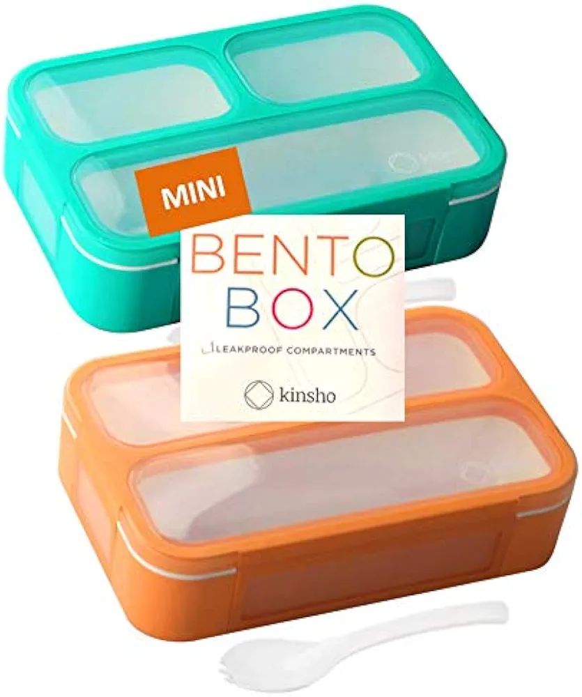 kinsho MINI Lunch-Box Snack Containers for Kids | SMALL Bento-Box Portion Container | Leak-proof Boxes for School Work Travel | Best for Adults Boys or Girls | Blue + Orange Set of 2