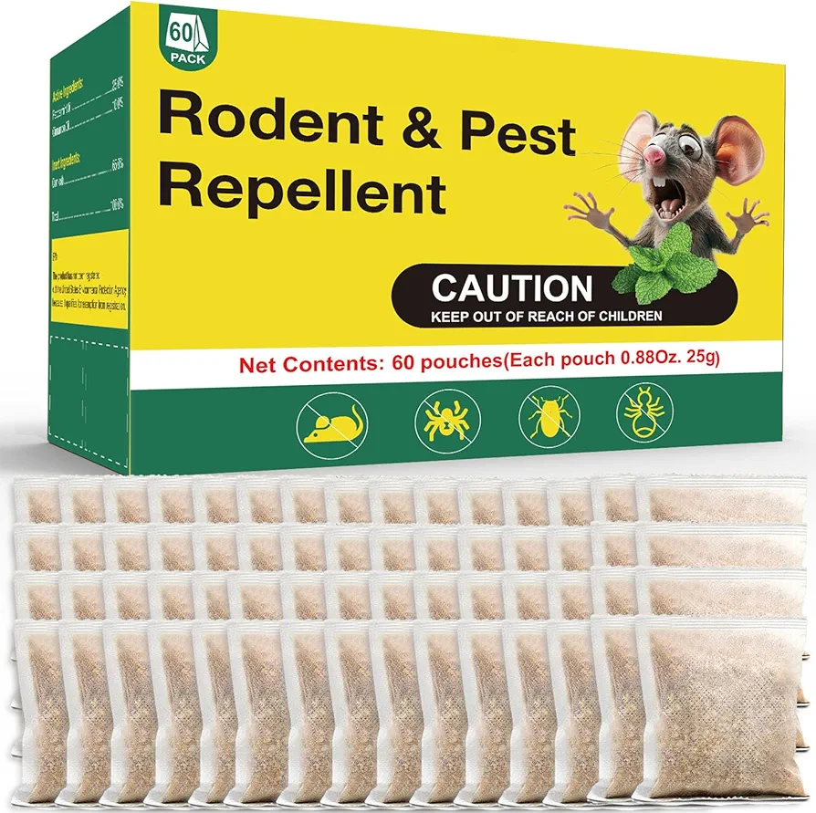 60PCS Mice Deterrent Pouches, Peppermint Scent, Effective and Safe