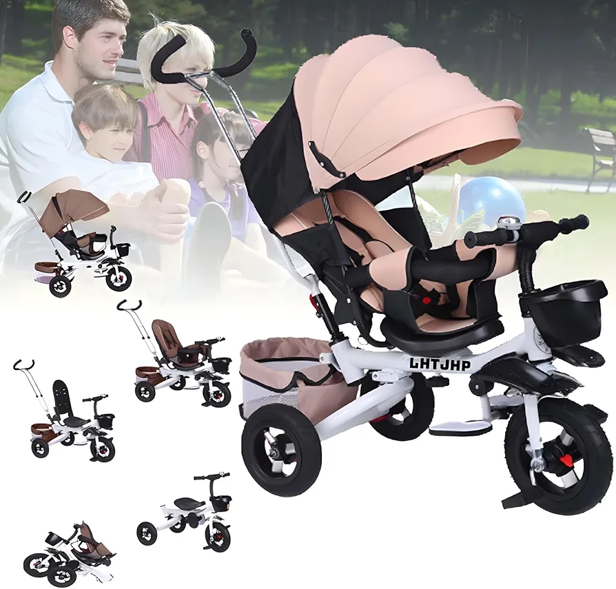 Kids Tricycle,Tricycle Stroller,Kid Stroller,4 in 1 Kids Trike,Folding Kids Tricycle Stroller with Push Handle,Removable Canopy,Rotatable Seat,Rubber Wheels,White+Khaki,Rubber Wheel