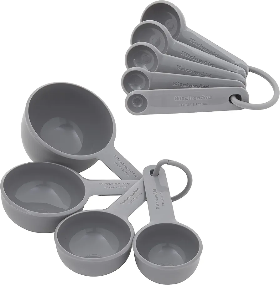 KitchenAid Universal Easy To Read Measuring Cup and Spoon Set with Soft Grip Handle for Maximum Control, Hang Hole and Nesting For Easy Storage, Dishwasher Safe, 9 Piece, Gray