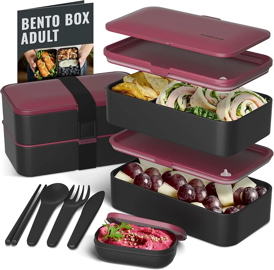 Bentoheaven Premium Bento Box Adult Lunch Box with Compartments for Women & Men, Set of Utensil & Chopsticks & Dip Container, Cute Japanese Kids Bento Lunch Box, Microwavable (Very Berry)