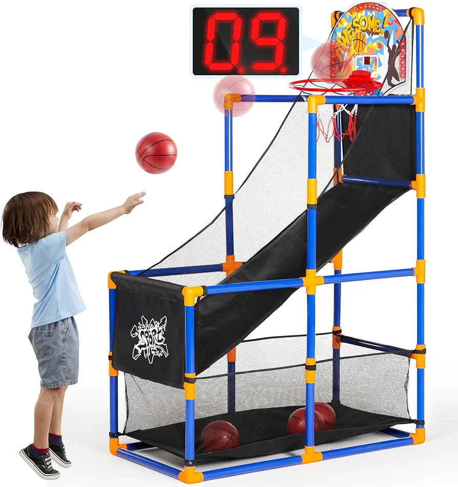 SYNCFUN LED Scoring Arcade Basketball Game Set with Electronic Scoreboard and Cheer Sounds, 4 Balls and Hoop Toys for Ages 3-12 Years Old Indoor Outdoor Sport Play - Easy Set Up