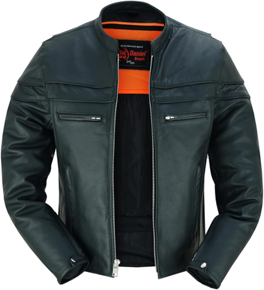 Daniel Smart Men Motorcycle Black Leather Jacket Mandarin Collar Biker Leather Jacket with Concealment Armory Pockets