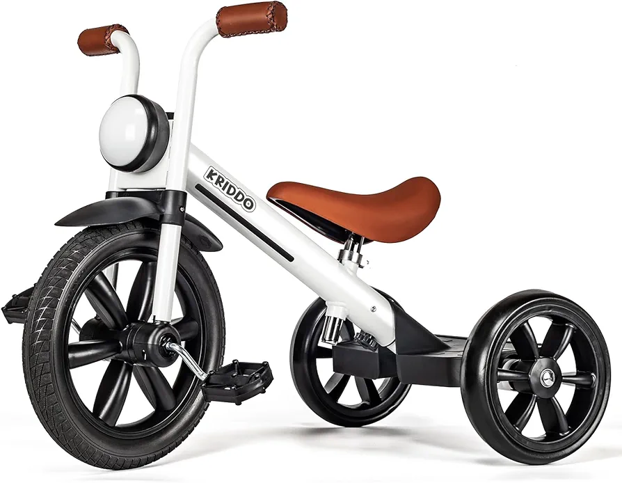 KRIDDO Kids Tricycle, 12 Inch Puncture Free Wheel w Front Light, Adjustable Seat Height, Gift for 2-5 Year Olds, White