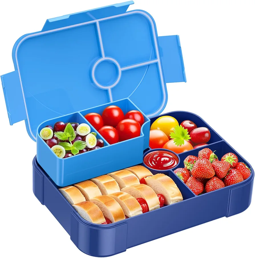 Bento Box for Kids - Leakproof Bento Lunch Box with 6 Compartments Portions Lunchbox for Kids Ages 3 to 7 Back to School, BPA-Free Reusable On-the-Go Meal and Snack Packing Containers, Blue