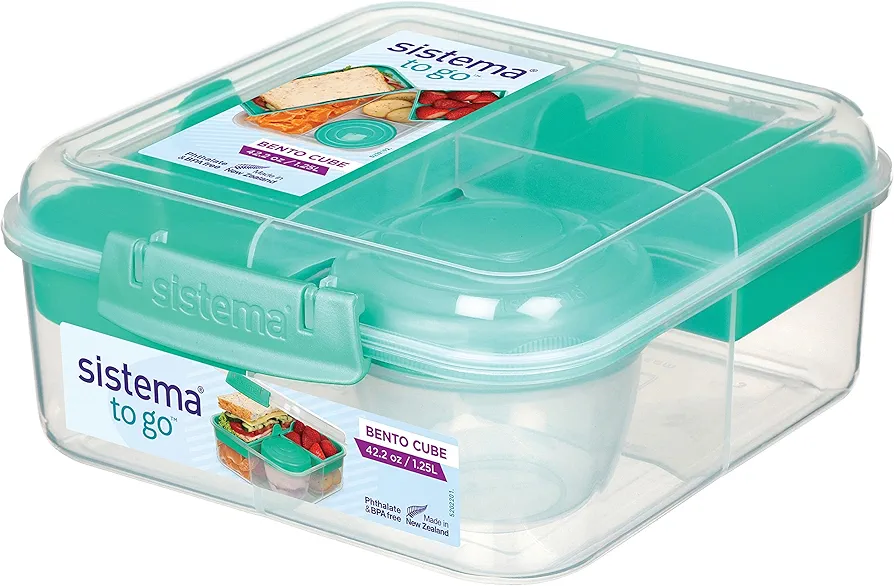 Sistema Bento Box Lunch Box with 3 Compartments, 2 Removable Trays, and Salad Dressing Container, Dishwasher Safe, Color May Vary