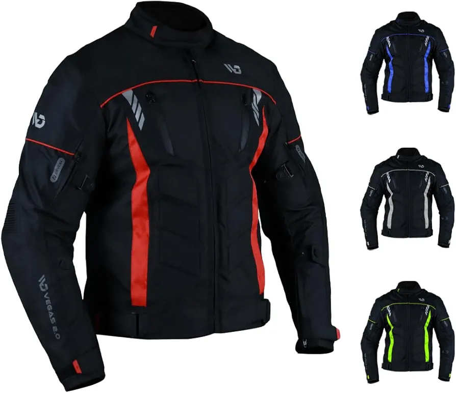 WD Motorcycle Jacket for Men CE Armoured Motorcycle Gear with padding, Breathable Cordura Fabric, Reflective Jacket for Night Visibility Powersports Protective Jackets Vegas 2.0 - (Red, X-Large)