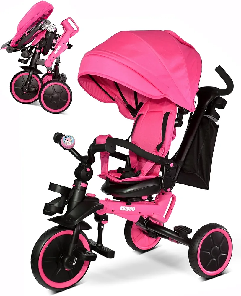 KRIDDO 8-in-1 Foldable Tricycle Stroller for Toddlers 18 Months to 5 Years, 5-Point Seatbelt, 1-Step Brake Pedal, Extended Canopy, Triple Footrest, Safety Rearview Window, Detachable Guardrail, Pink