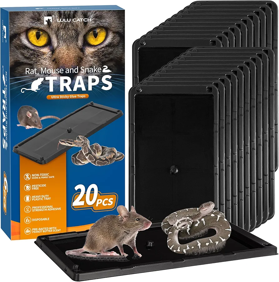 LULUCATCH Sticky Mouse Trap, 20 Pack Large Glue Traps, Pre-Baited Heavy Duty Non-Toxic Bulk Glue Boards Mouse Traps Indoor for Mice, Snakes, Rat, Insects, Cockroaches & Spiders, Pet Safe Easy to Use