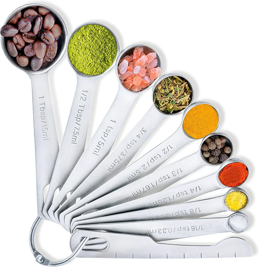 BALCI - 9 Measuring Spoons, Heavy Duty 18/8 Premium Stainless Steel Measuring Spoons Set, Spoons with US and Metric Measurements, Set of 9 + Leveler, Measuring tools for Dry and Liquid Ingredients