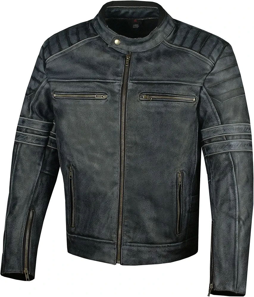 Men's SHADOW Motorcycle Jacket - Distressed Cowhide Leather – Armor High Visibility Vintage Biker Jacket Black M