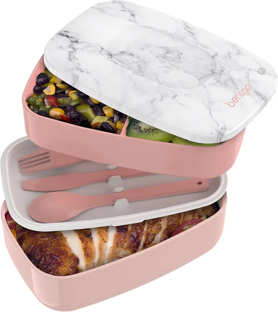 Bentgo Classic - Adult Bento Box, All-in-One Stackable Lunch Box Container with 3 Compartments, Plastic Utensils, and Nylon Sealing Strap, BPA Free Food Container (Blush Marble)