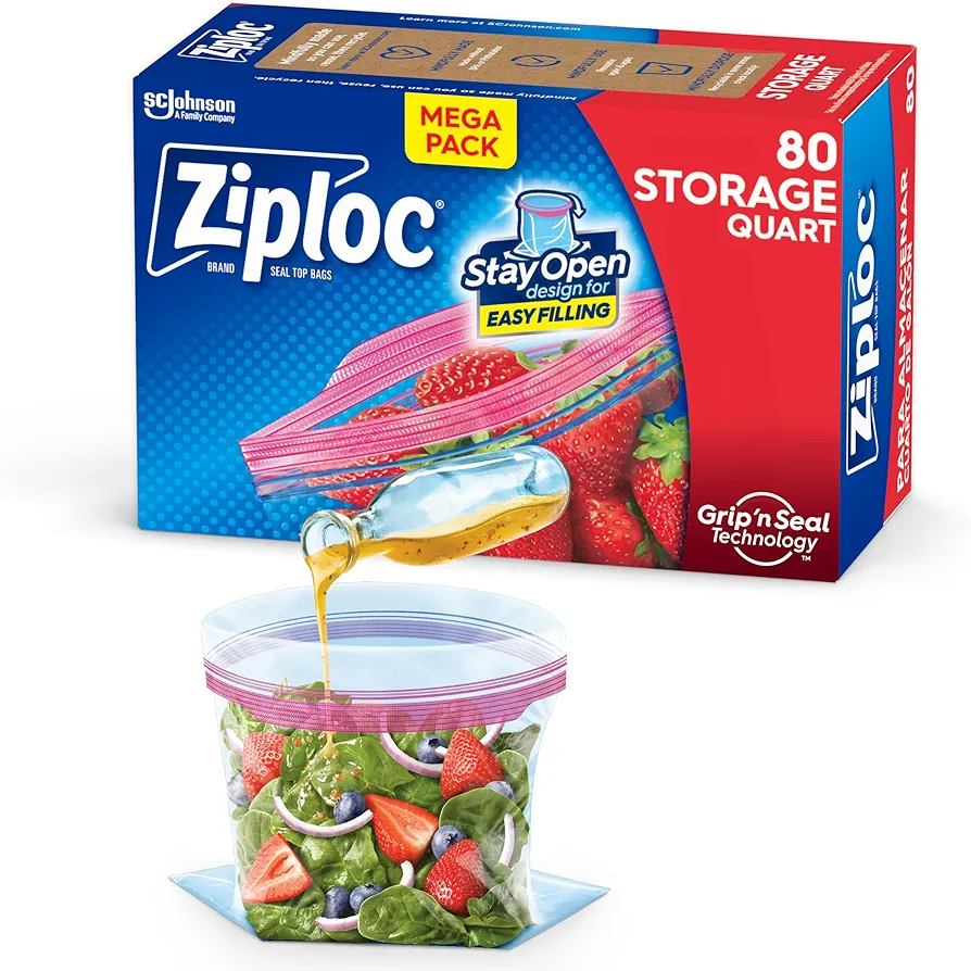 Ziploc Quart Food Storage Bags, Stay Open Design with Stand-Up Bottom, Easy to Fill, 80 Count