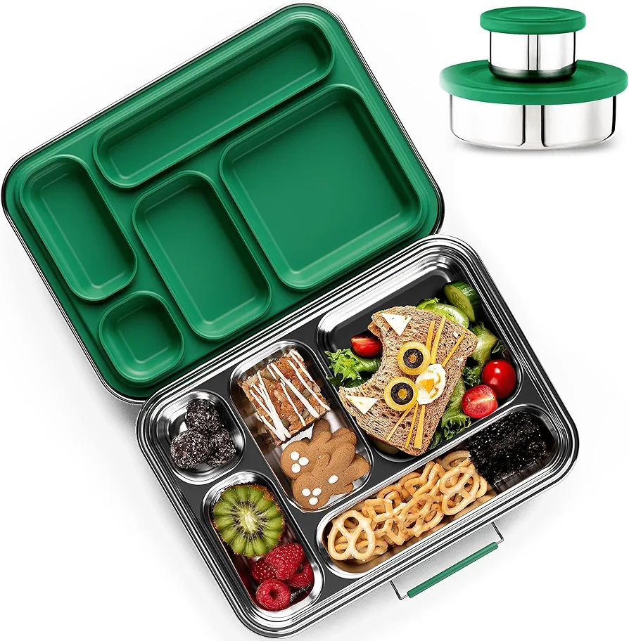 Stainless Steel Bento Box Kids, Kids Metal Bento Lunch Box BPA Free Lunch Box Containers 304 Stainless Steel Bento Box for School and Office(Green)