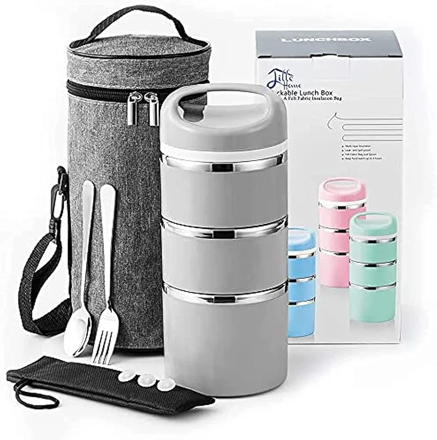 Lille Home Stackable Stainless Steel Thermal Compartment Lunch/Snack Box, 3-Tier Insulated Bento/Food Container with Lunch Bag, Cutlery Set and Three Extra Seals, 43OZ (Gray)