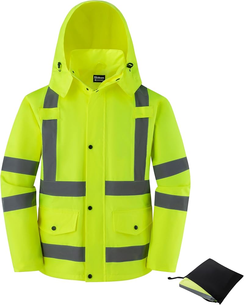 Ubon Men's Reflective Rain Jacket, Waterproof Hi Vis Rain Coat Safety High Visibility Raincoat with Detachable Hood