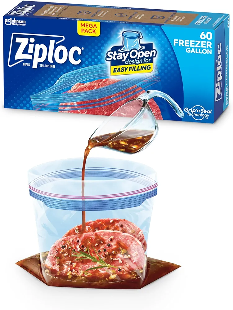 Ziploc Gallon Food Storage Freezer Bags, Stay Open Design with Stand-Up Bottom, Easy to Fill, 60 Count