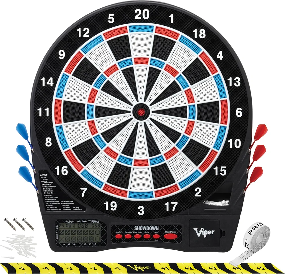 Viper Showdown Electronic Dartboard Sport Size Over 30 Games with 590 Options Automatic Scoring LCD Display Missed-Dart Catch Band Battery Operated Included Soft Tip Darts with Replacement Points